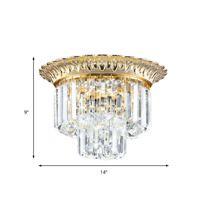 2 Tiers Faceted Crystal Flush Light Minimalist 14"/16" W LED Golden Indoor Ceiling Lighting