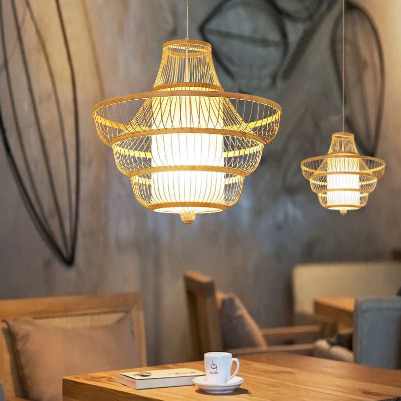 Bamboo Hot Pot-Shaped Pendant Light Contemporary Single-Bulb Suspension Light Fixture