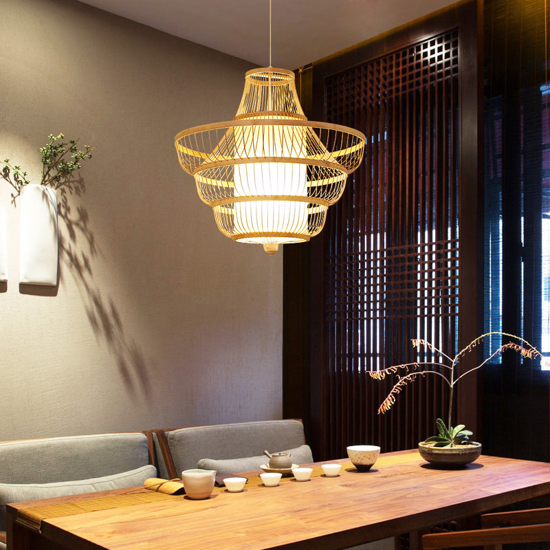 Bamboo Hot Pot-Shaped Pendant Light Contemporary Single-Bulb Suspension Light Fixture