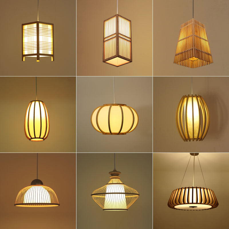 Handwoven Ceiling Light Modern Bamboo Single Restaurant Hanging Pendant Light in Wood