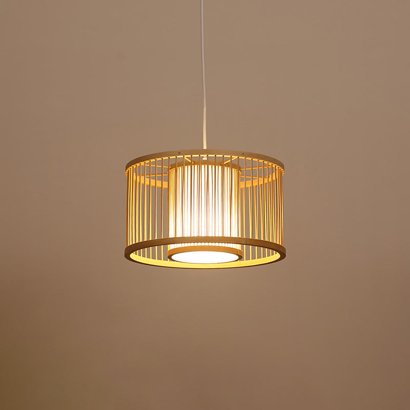 Handwoven Ceiling Light Modern Bamboo Single Restaurant Hanging Pendant Light in Wood