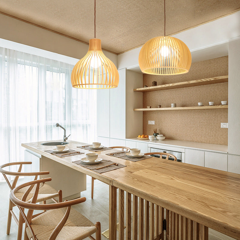 Sala da pranzo ombreggiata a sospensione in legno leggero a bulbo singolo lampada a sospensione contemporanea