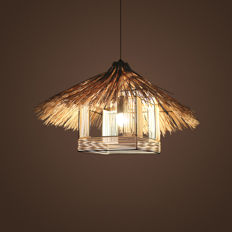 RATTAN ombreggiata leggera a soffitto asiatico 1 lampadina appuntamento legno per il ristorante