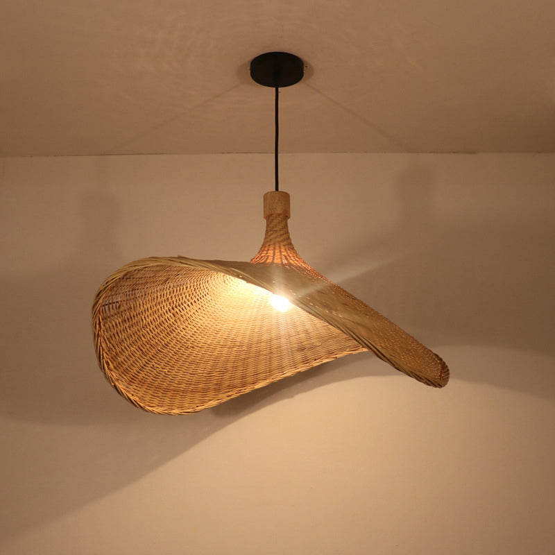 Hat Shaped Bamboo Ceiling Lighting Asian Style 1 Bulb Wood Hanging Light for Restaurant