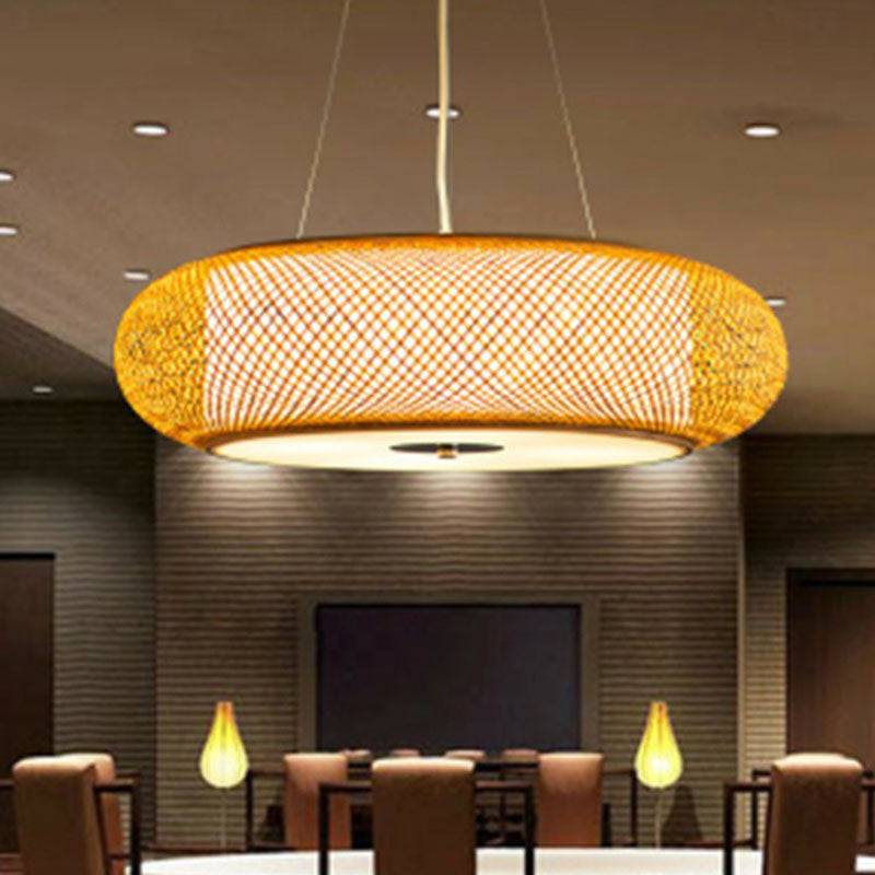 Rundes Drum Restaurant Kronleuchter Beleuchtung Bambus 3 Lampenminimalistische Anhänger Licht in Holz