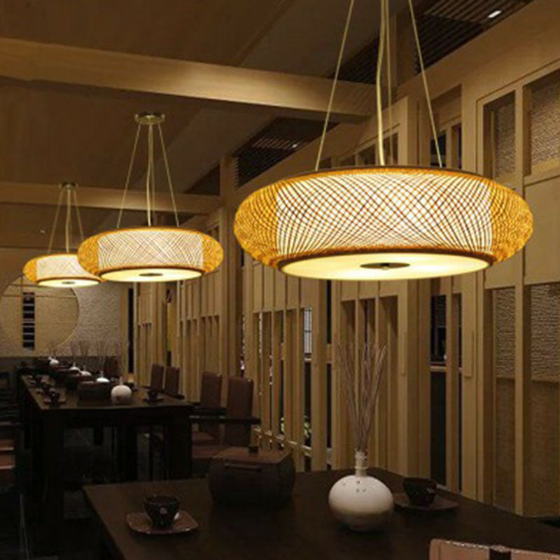 Iluminación de lámpara de tambor redondeado bambú 3 bombillas Luz de colgante minimalista en madera