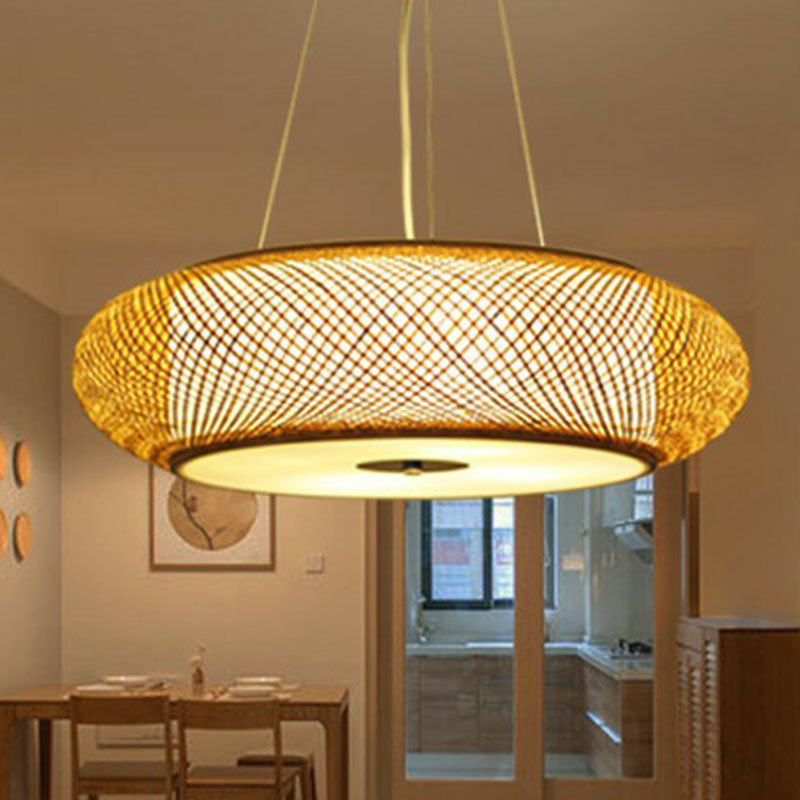 Rundes Drum Restaurant Kronleuchter Beleuchtung Bambus 3 Lampenminimalistische Anhänger Licht in Holz