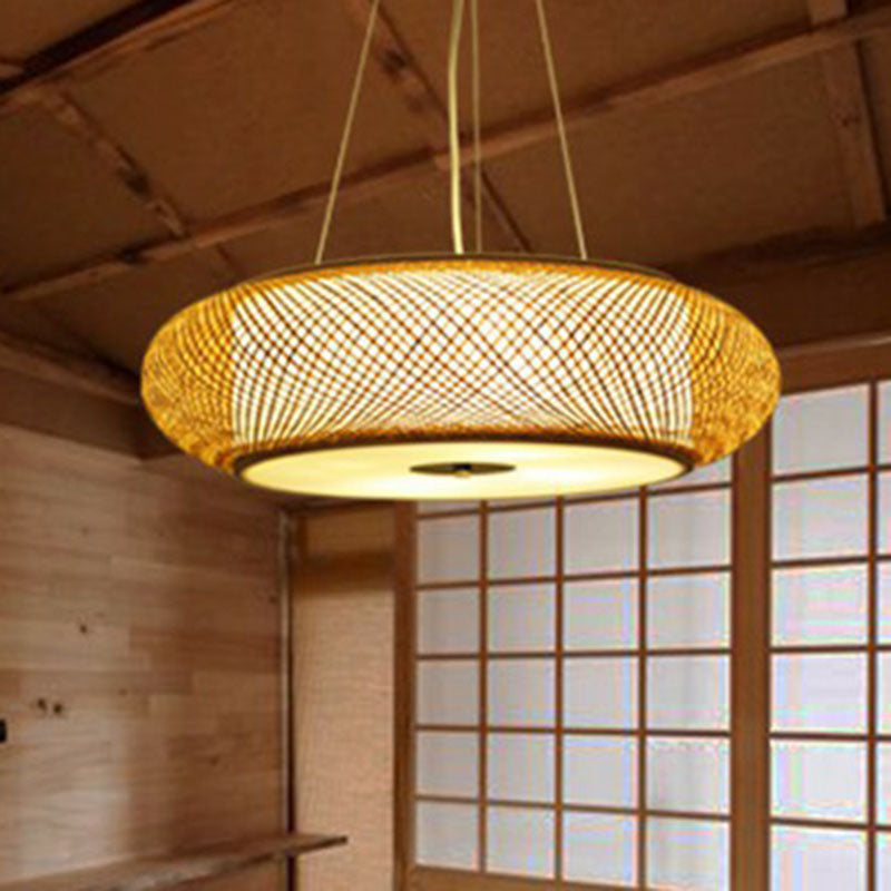 Rounded Drum Restaurant Chandelier Lighting Bamboo 3 Bulbs Minimalist Pendant Light in Wood