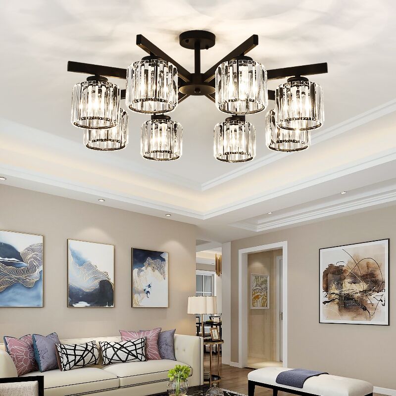 Cylindrical Crystal Semi Flush Light Modern 3/6/8-Head Black Ceiling Lamp for Living Room