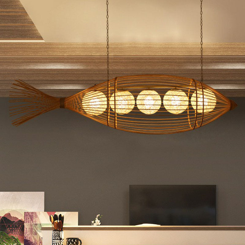 Handcrafted Fish Tea Room Chandelier Lighting Bamboo Minimalist Pendant Light in Wood