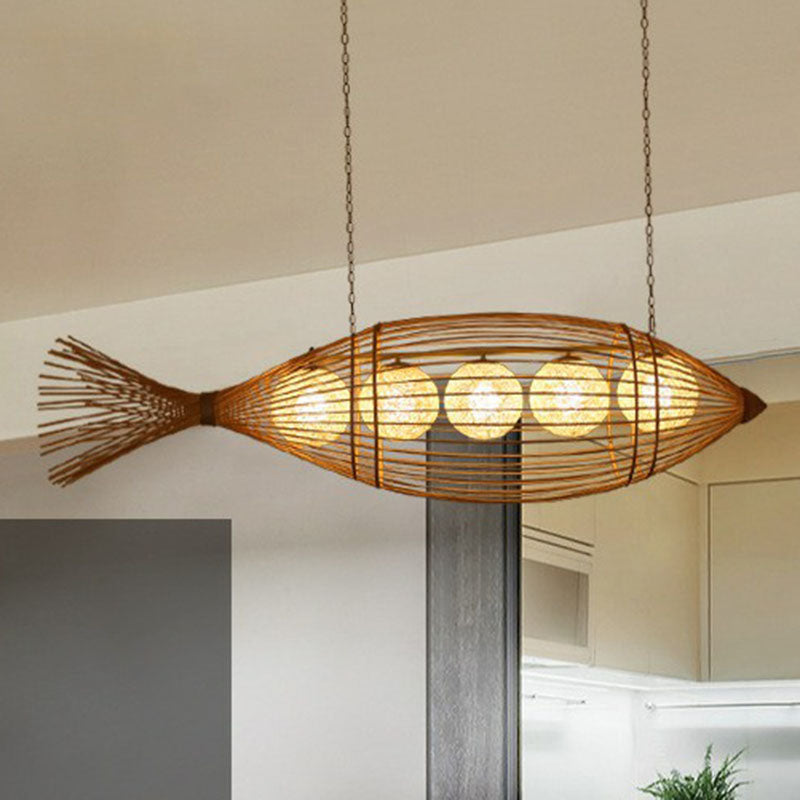 Handgefertigter Fisch Tea Room Kronleuchter Beleuchtung Bambus minimalistischer Anhänger Licht in Holz
