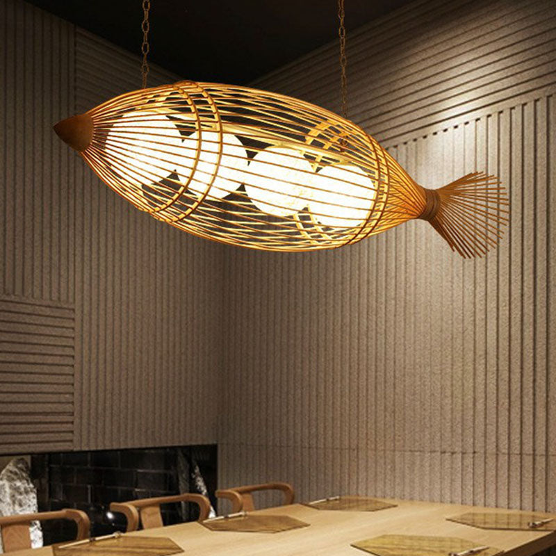 Bamboo Fish Shaped Ceiling Lighting South-east Asia 3 Bulbs Chandelier Light Fixture