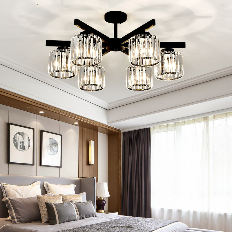 Cylindrical Crystal Semi Flush Light Modern 3/6/8-Head Black Ceiling Lamp for Living Room