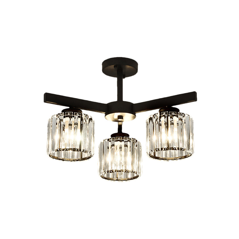 Cylindrical Crystal Semi Flush Light Modern 3/6/8-Head Black Ceiling Lamp for Living Room