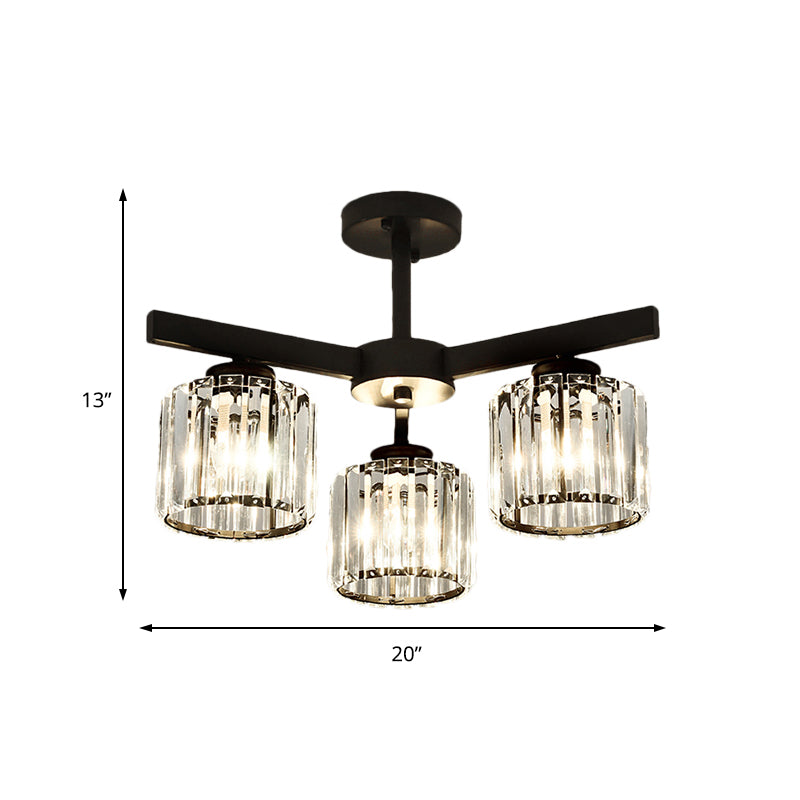 Cylindrical Crystal Semi Flush Light Modern 3/6/8-Head Black Ceiling Lamp for Living Room