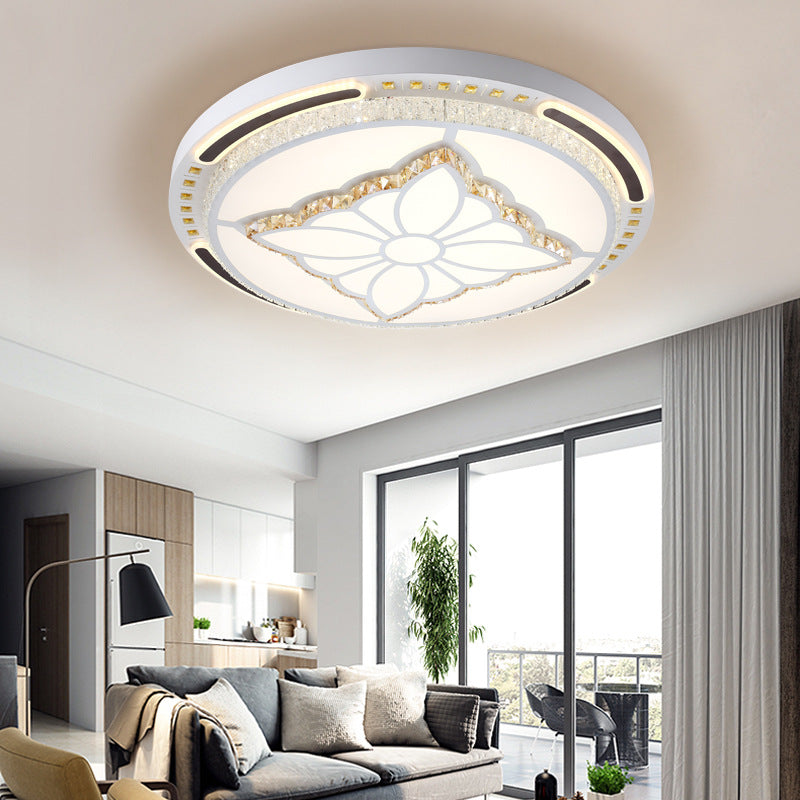 Plafonnier rond à LED contemporain avec abat-jour en cristal de 23,5"/31,5" pour salon, blanc