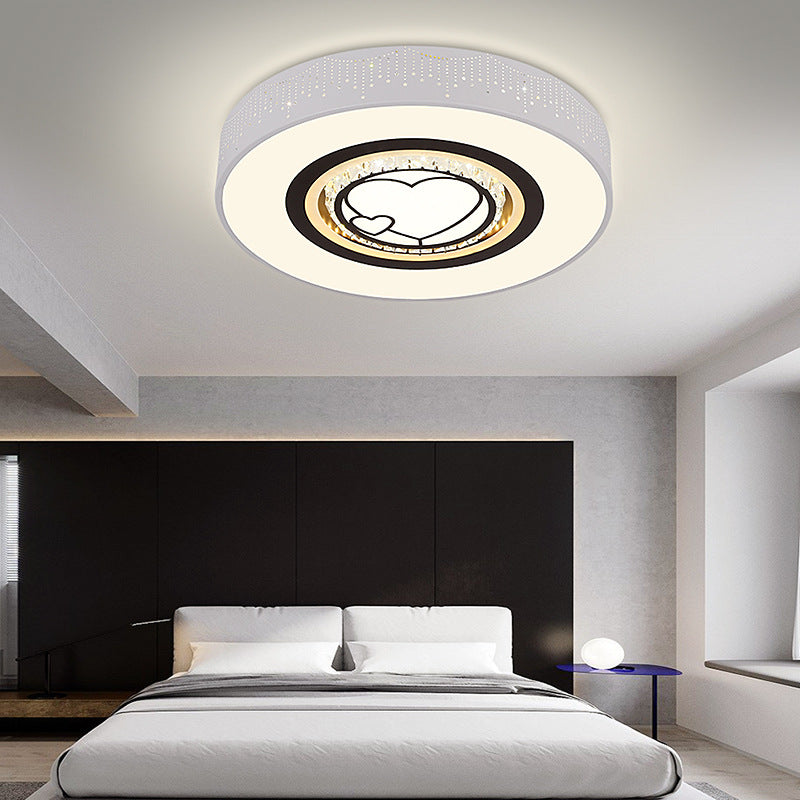 Simple Round Acrylic Flush Lamp LED White Bedroom Ceiling Mounted Light with Crystal Drops and Square/Hexagonal/Heart Pattern