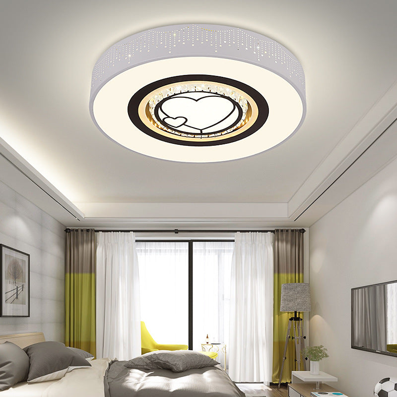 Simple Round Acrylic Flush Lamp LED White Bedroom Ceiling Mounted Light with Crystal Drops and Square/Hexagonal/Heart Pattern