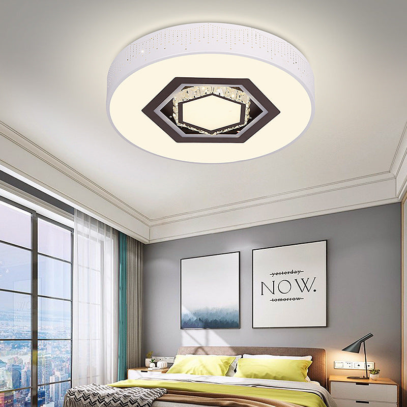 Simple Round Acrylic Flush Lamp LED White Bedroom Ceiling Mounted Light with Crystal Drops and Square/Hexagonal/Heart Pattern