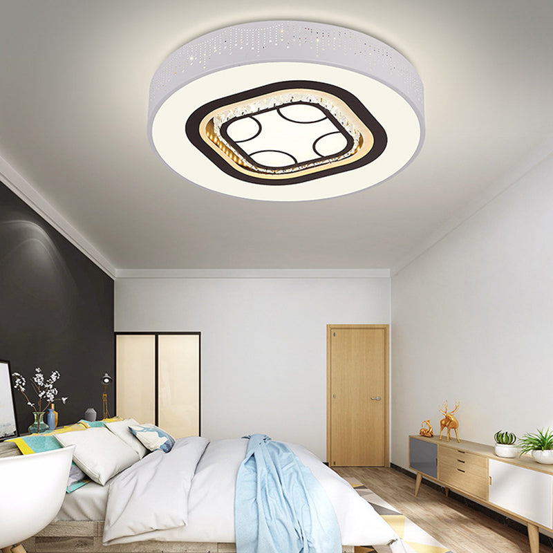 Simple Round Acrylic Flush Lamp LED White Bedroom Ceiling Mounted Light with Crystal Drops and Square/Hexagonal/Heart Pattern