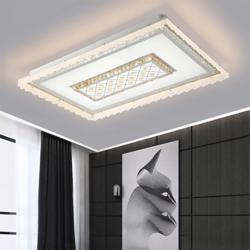 Contemporary Square/Rectangle Flush Light Crystal LED Living Room Ceiling Light Fixture in White