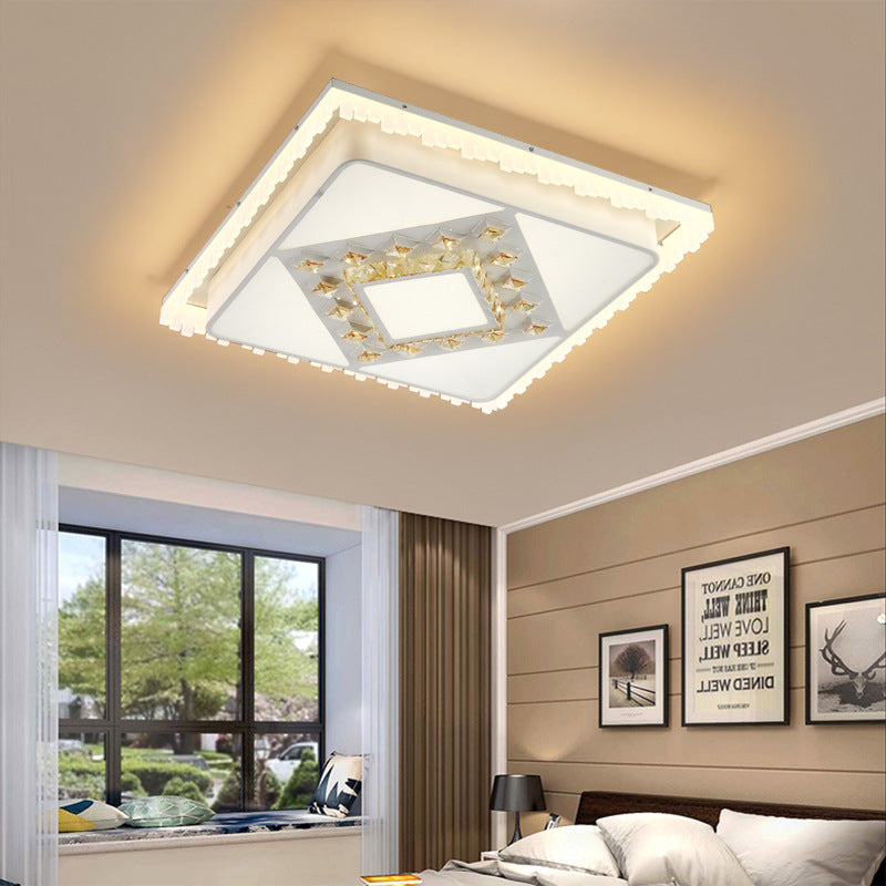 Plafonnier LED carré/rectangulaire contemporain en cristal pour salon, luminaire de plafond, blanc