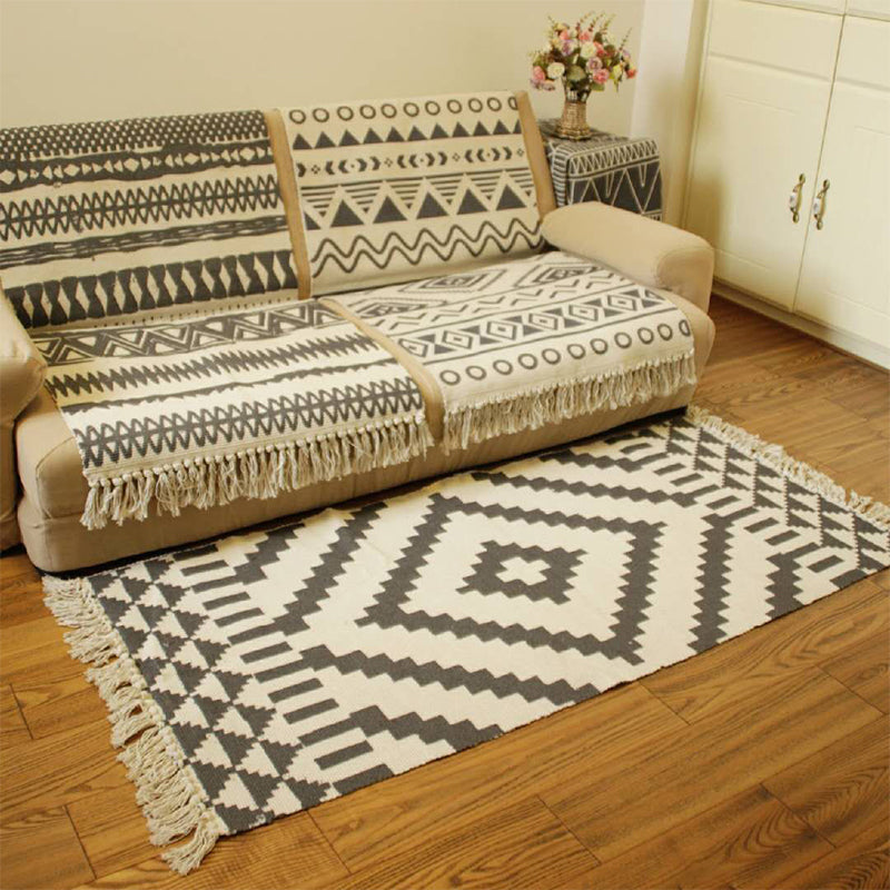 Casual Multicolor Western Rug Cotton Blend Geometrisch Rug Machine Wasbaar geweven tapijt met kwast voor woonkamer