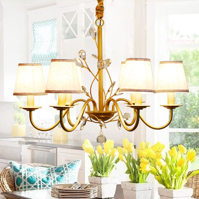 Flared Pendant Chandelier Contemporary Fabric Shaded 6/8 Lights Brass Ceiling Light Fixture with Crystal Accents