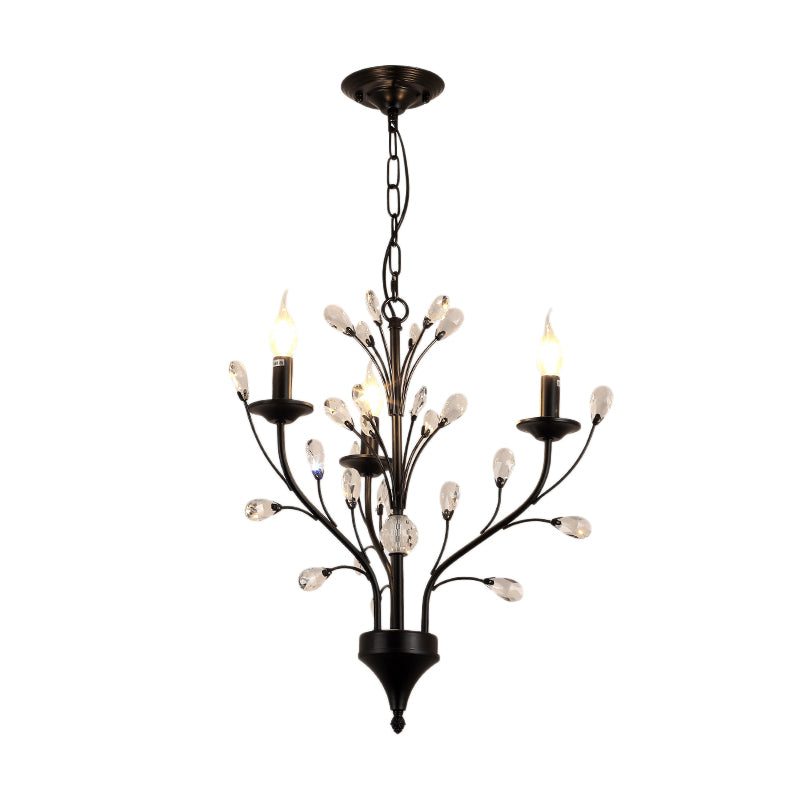 3/6/9 Lights Dining Room Chandelier Lamp Modern Black Floral Iron Pendant Light with Crystal Draping