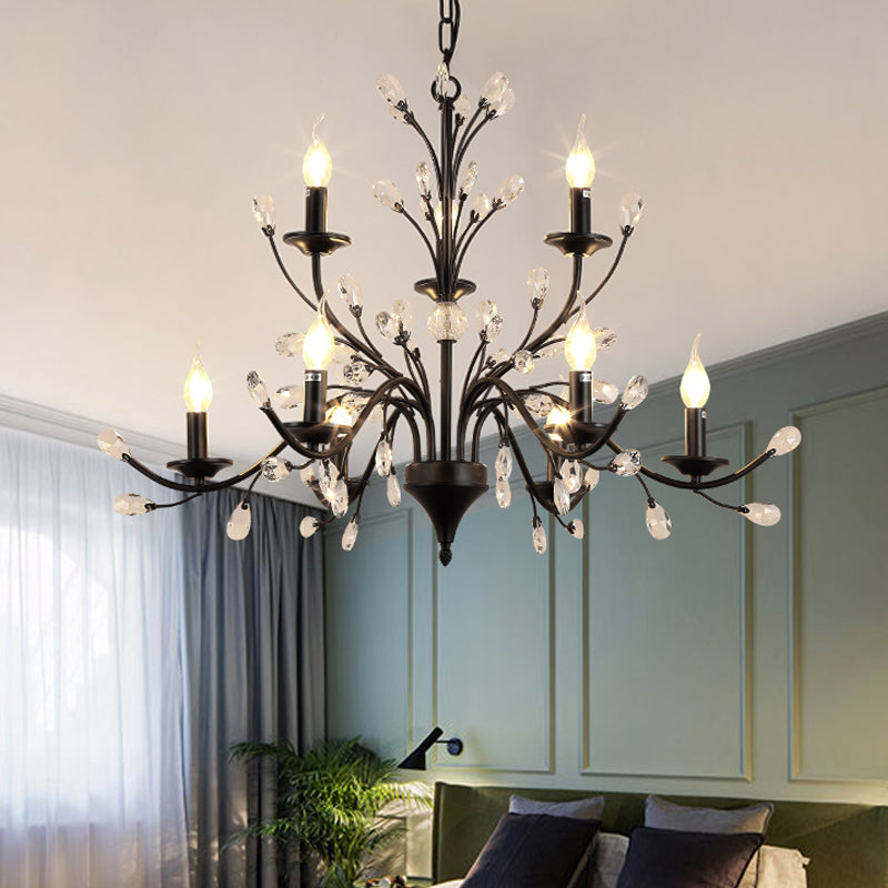 3/6/9 Lights Dining Room Chandelier Lamp Modern Black Floral Iron Pendant Light with Crystal Draping