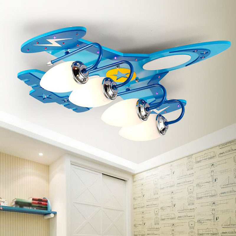 Aircraft Flush Ceiling Light Cartoon Wood Bedroom LED Flush Mount Lighting Fixture in Blue