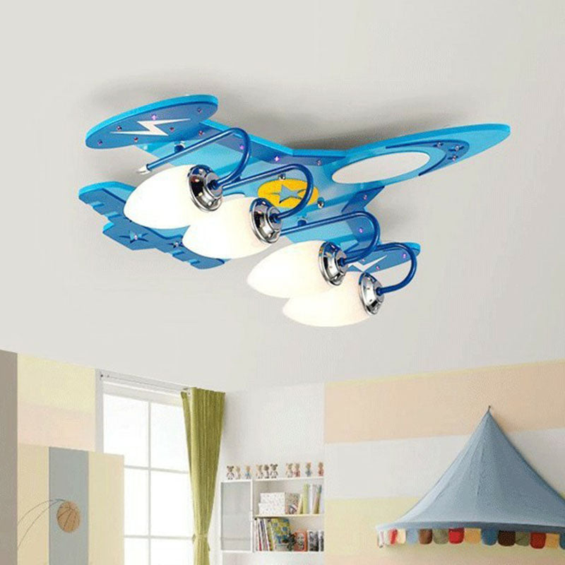 Aircraft Flush Ceiling Light Cartoon Wood Bedroom LED Flush Mount Lighting Fixture in Blue