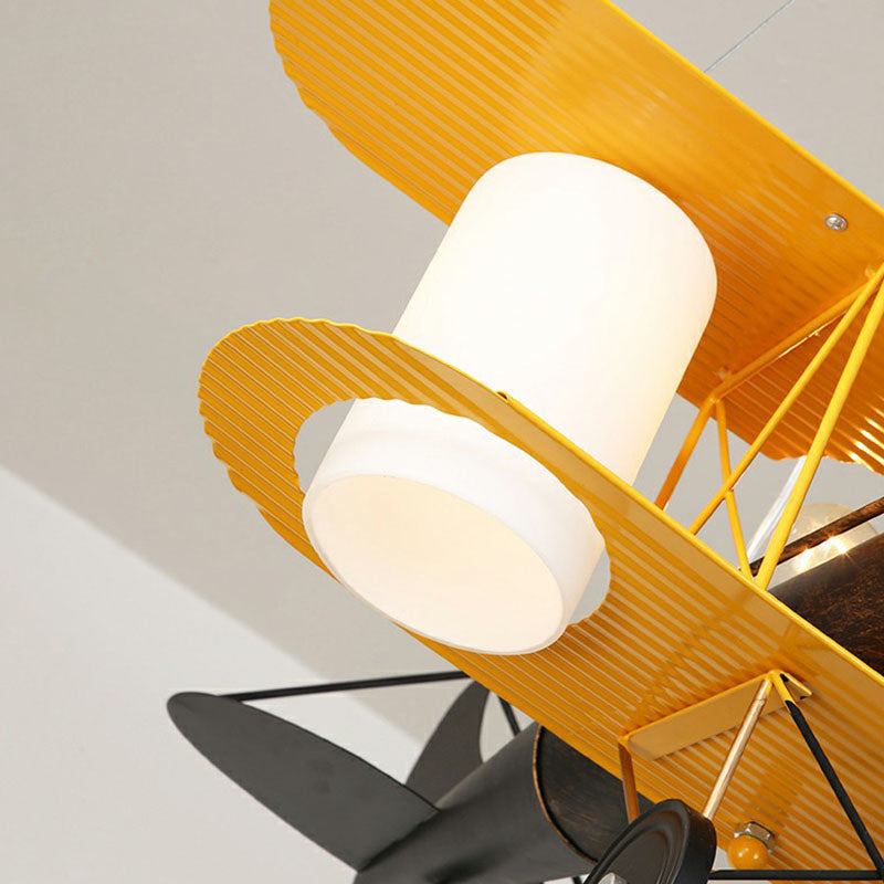 Aircraft Chandelier Pendant Light Cartoon Metallic Yellow LED Ceiling Light with Cylinder Frosted Glass Shade