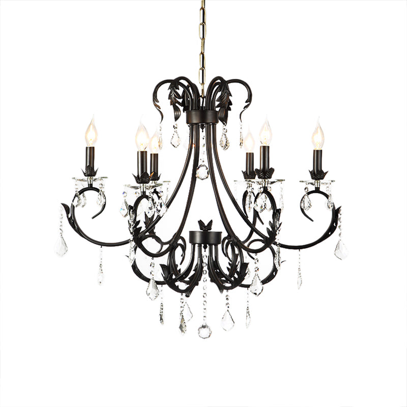 Traditional Black Candle Ceiling Pendant 6/8 Lights Metal Chandelier Lamp with Crystal Drops