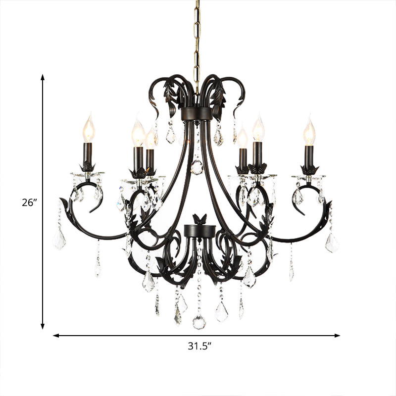 Traditional Black Candle Ceiling Pendant 6/8 Lights Metal Chandelier Lamp with Crystal Drops