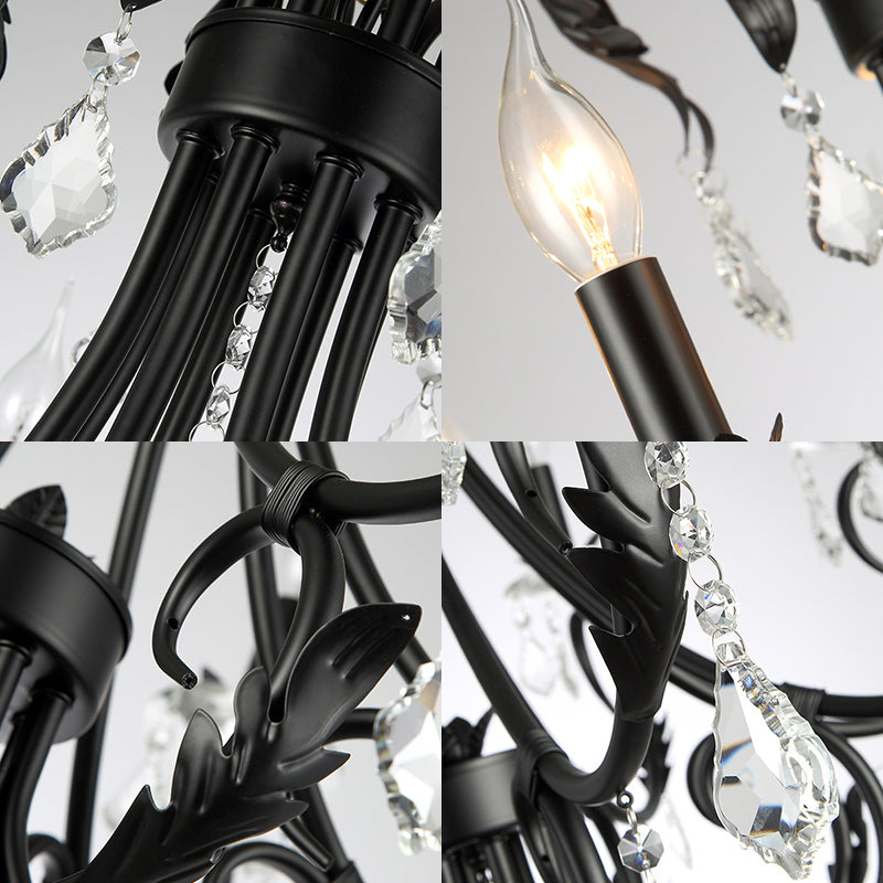 Traditional Black Candle Ceiling Pendant 6/8 Lights Metal Chandelier Lamp with Crystal Drops