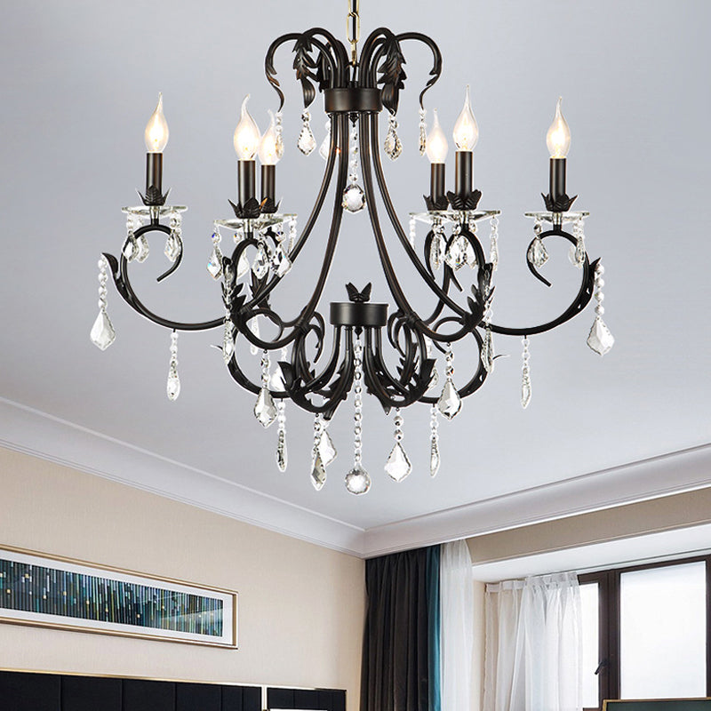 Traditional Black Candle Ceiling Pendant 6/8 Lights Metal Chandelier Lamp with Crystal Drops