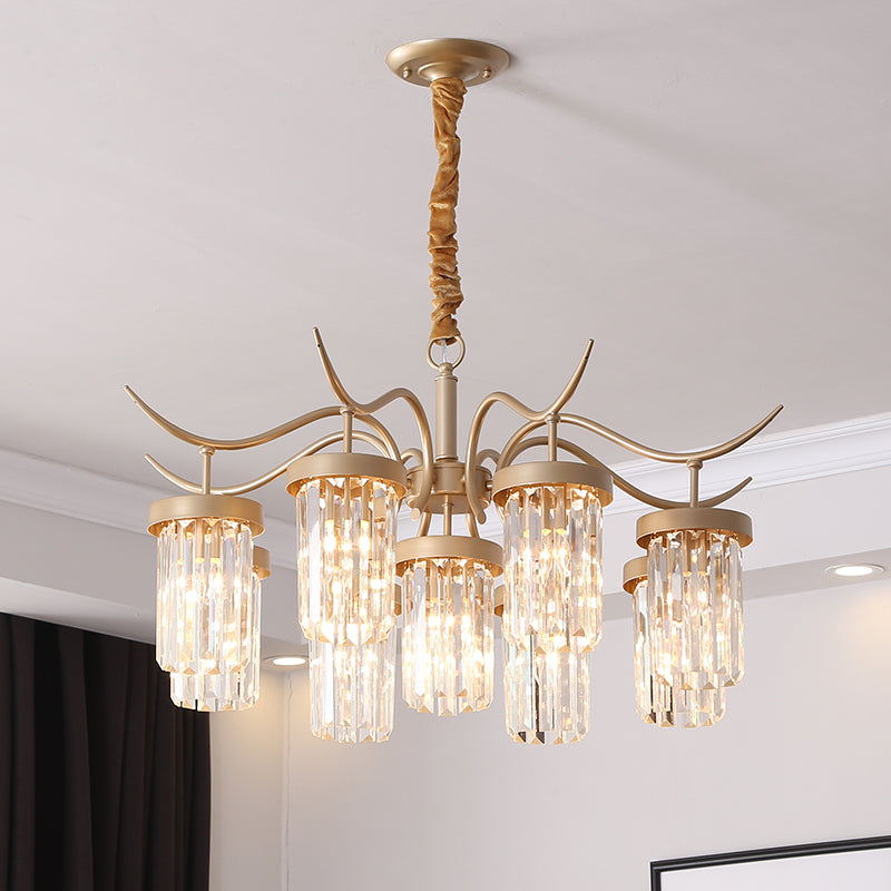 Crystal Cylindrical Chandelier Light Modernism 7/9-Head Hanging Ceiling Light in Brass