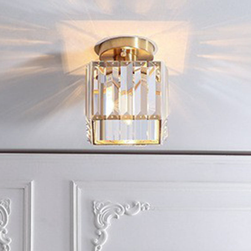 Small Crystal Prism Semi Flush Mount Light Simple Style 1 Head Golden Ceiling Lighting for Foyer