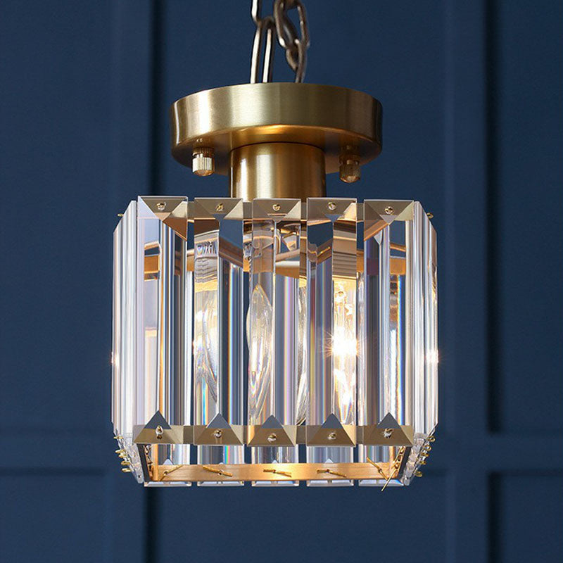 Small Crystal Prism Semi Flush Mount Light Simple Style 1 Head Golden Ceiling Lighting for Foyer