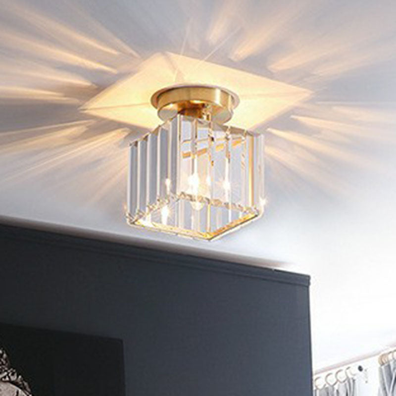 Small Crystal Prism Semi Flush Mount Light Simple Style 1 Head Golden Ceiling Lighting for Foyer