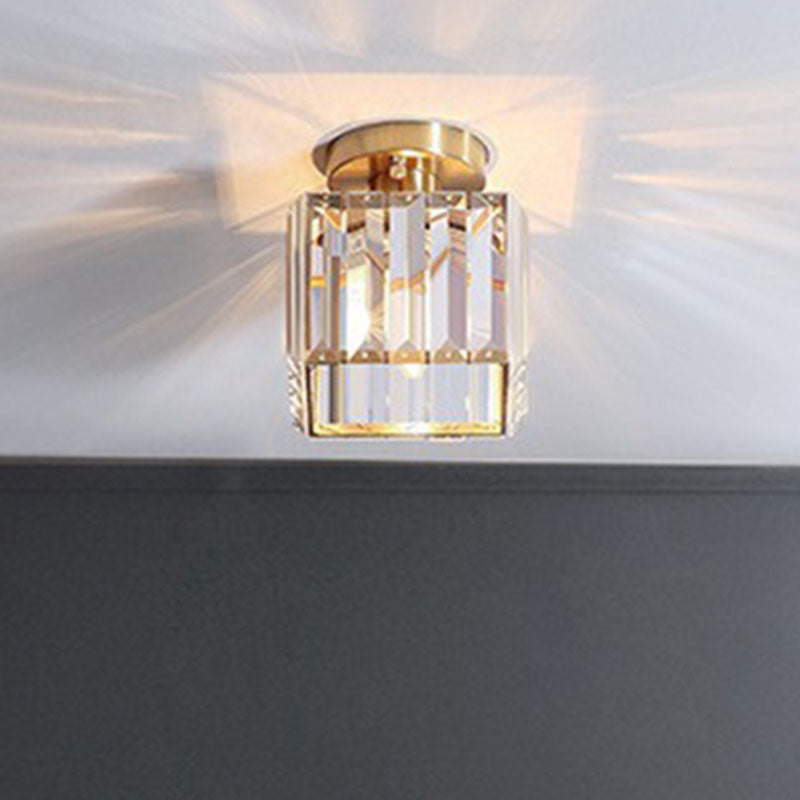 Small Crystal Prism Semi Flush Mount Light Simple Style 1 Head Golden Ceiling Lighting for Foyer