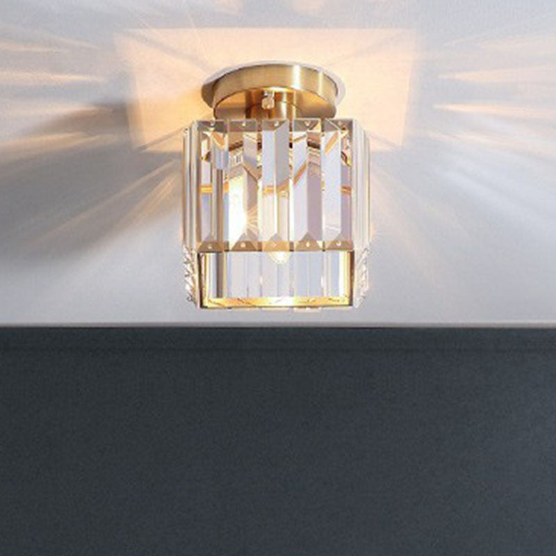 Small Crystal Prism Semi Flush Mount Light Simple Style 1 Head Golden Ceiling Lighting for Foyer