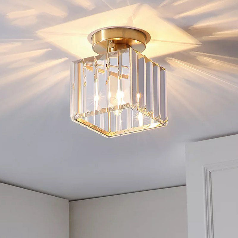 Small Crystal Prism Semi Flush Mount Light Simple Style 1 Head Golden Ceiling Lighting for Foyer