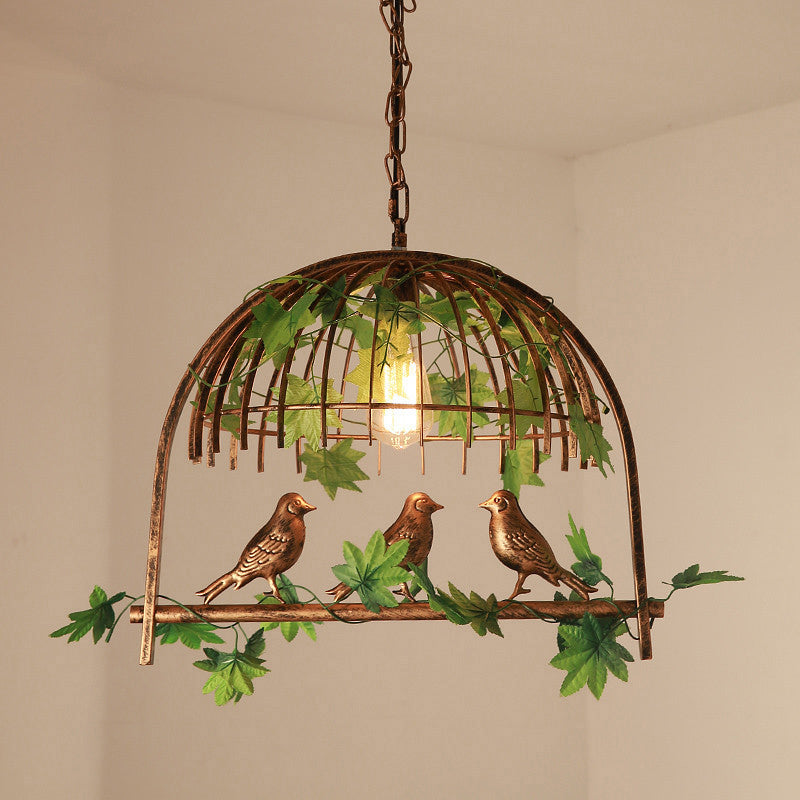 Industrial Bird Cage Pendant Light Iron Hanging Island Light with Ivy Decor in Rust for Restaurant