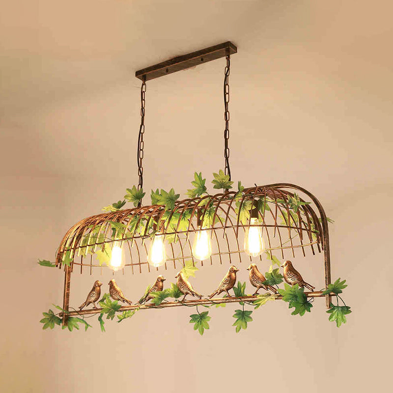 Cage industrielle Cage Pendante Light Fer Hanging Island Light With Ivy Decor in Rust for Restaurant