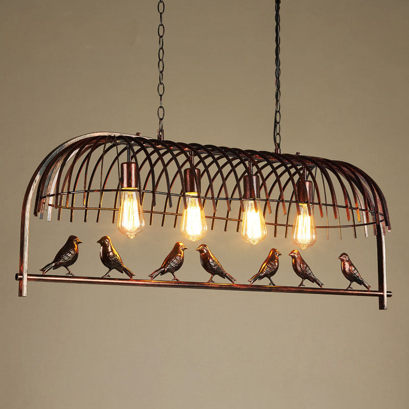 Industrial Bird Cage Pendant Light Iron Hanging Island Light with Ivy Decor in Rust for Restaurant