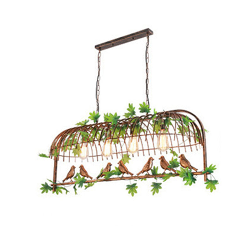 Industrial Bird Cage Pendant Light Iron Hanging Island Light with Ivy Decor in Rust for Restaurant