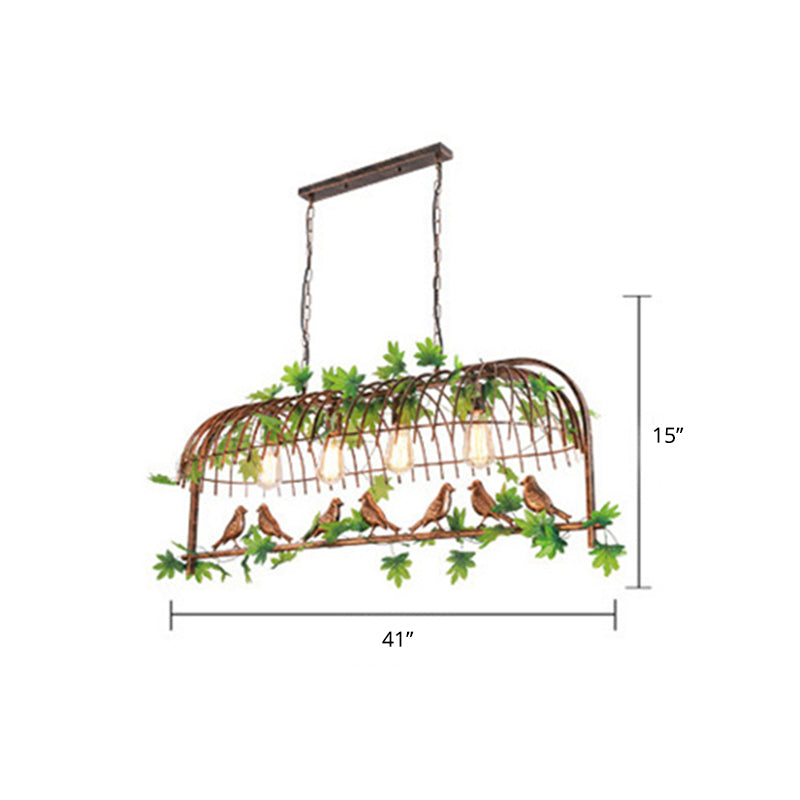 Cage industrielle Cage Pendante Light Fer Hanging Island Light With Ivy Decor in Rust for Restaurant