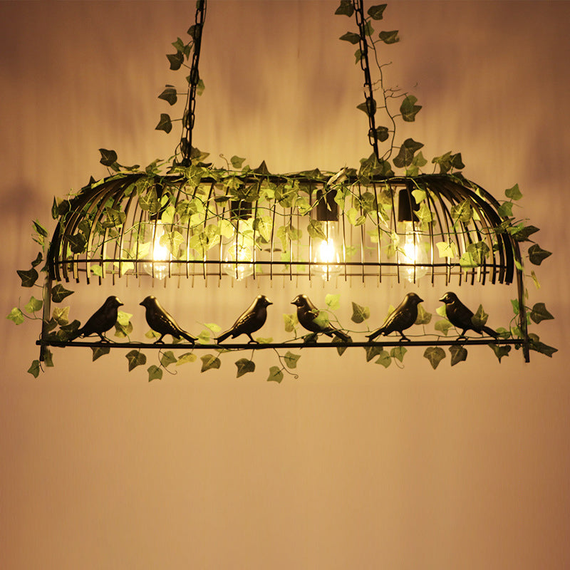 Iron Birdcage Suspension Light Antique Restaurant Island Light con hiedra artificial en verde